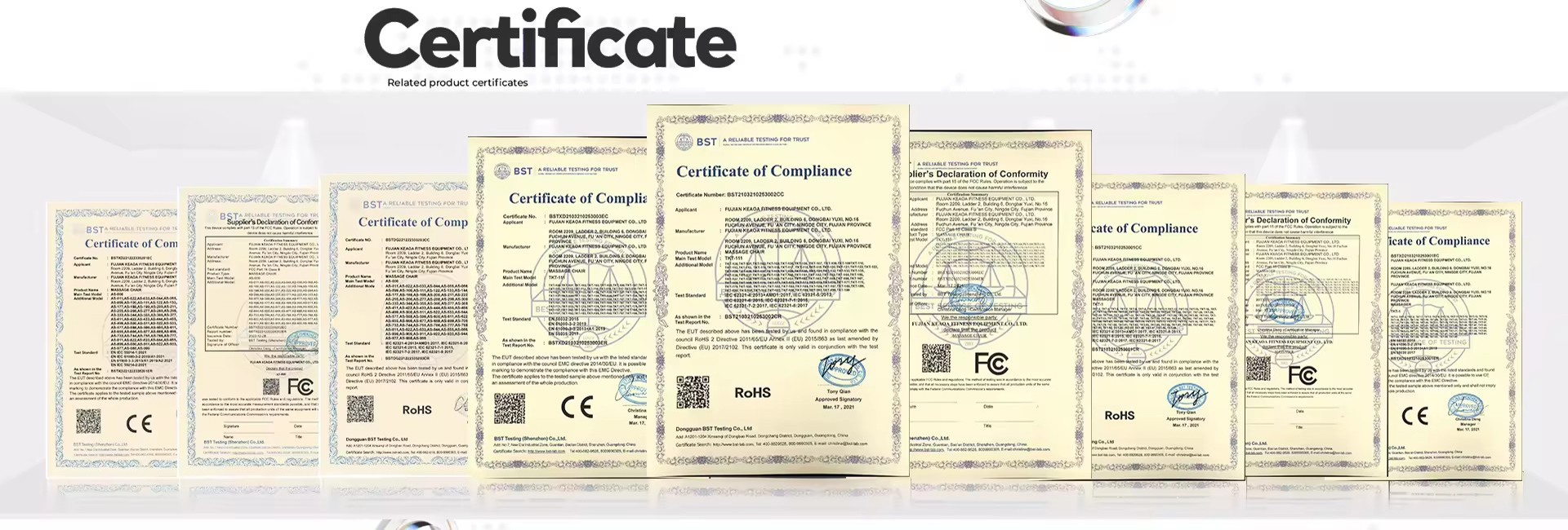 CE, RoHS and FCC compliance certificates for Molink massage chairs issued by BST Testing, dated March 17 2021
