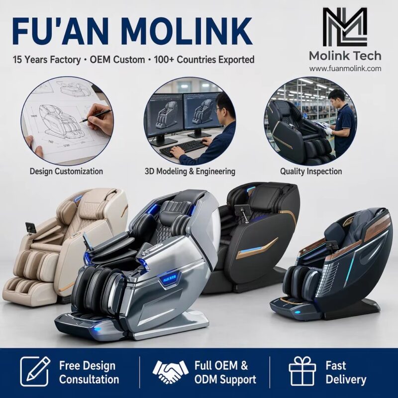 Fu'an Molink massage chair factory with OEM and ODM design customization, 3D modeling, engineering, quality inspection, and massage chair products